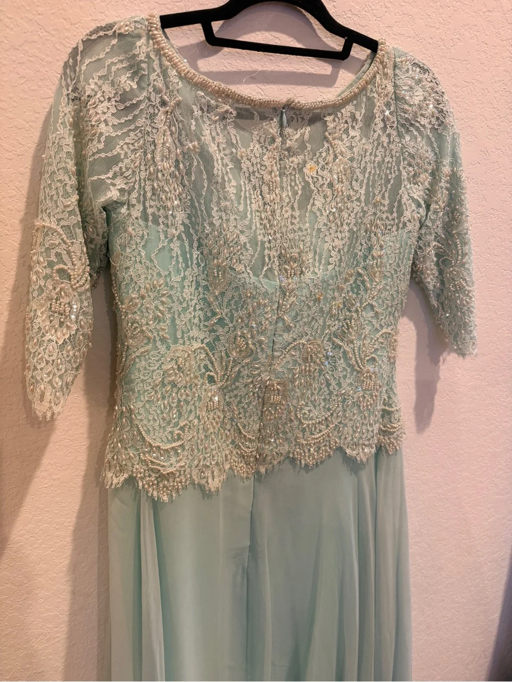 Vintage Mint Lace Appliqué Evening Gown - Picture 4 of 7